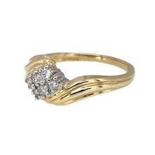 Load image into Gallery viewer, Preowned 9ct Yellow and White Gold &amp; Diamond Set Twist Cluster Ring in size N to O with the weight 2.40 grams. The front of the ring is 9mm high
