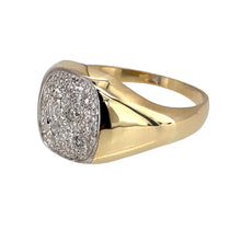 Load image into Gallery viewer, Preowned 9ct Yellow and White Gold &amp; Diamond Set Signet Ring in size T with the weight 4 grams. The front of the ring is 12mm high
