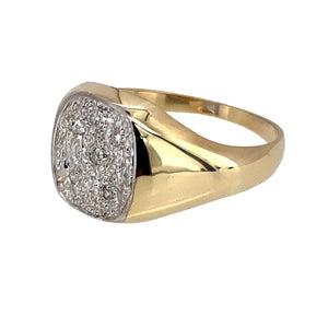 Preowned 9ct Yellow and White Gold & Diamond Set Signet Ring in size T with the weight 4 grams. The front of the ring is 12mm high