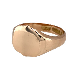 Preowned 9ct Rose Gold Polished Shield Signet Ring in size T with the weight 6.60 grams. The front of the ring is 13mm high