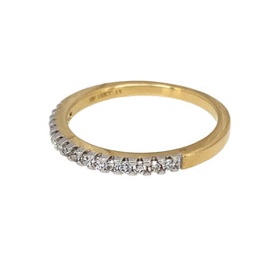 Preowned 18ct Yellow Gold & Diamond Set Band Ring in size J to K with the weight 2 grams. The band is 2mm wide at the front and there is approximately 15pt of diamond content in total