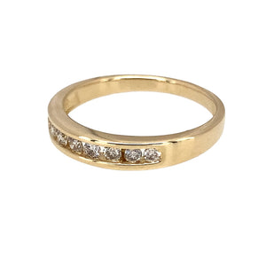 Preowned 9ct Yellow Gold & Diamond Set Band Ring in size N with the weight 2.10 grams. The band is 3mm wide at the front and contains approximately 24pt of diamond content in total
