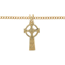 Load image into Gallery viewer, Preowned 9ct Yellow Gold Celtic Cross Pendant on an 18&quot; curb chain with the weight 5.40 grams. The pendant is 3.2cm long including the bail
