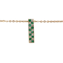 Load image into Gallery viewer, Preowned 9ct Yellow and White Gold Diamond &amp; Emerald Set Bar Pendant on a 17&quot; chain with the weight 2.50 grams. The pendant is 19mm long and the emerald stones are each approximately 1.75mm by 1.75mm
