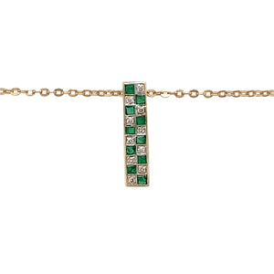 Preowned 9ct Yellow and White Gold Diamond & Emerald Set Bar Pendant on a 17" chain with the weight 2.50 grams. The pendant is 19mm long and the emerald stones are each approximately 1.75mm by 1.75mm