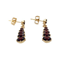 Load image into Gallery viewer, Preowned 9ct Yellow Gold &amp; Garnet Set Dropper Earrings with the weight 3.10 grams. The bottom garnet stones are each 5mm diameter
