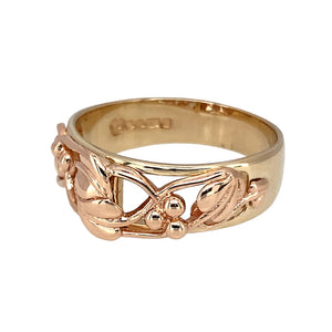 Preowned 9ct Yellow and Rose Gold Clogau Tree of Life Ring in size U with the weight 4.80 grams. The front of the band is 9mm wide