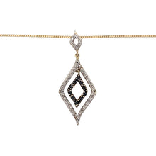 Load image into Gallery viewer, Preowned 9ct Yellow and White Gold White and Black Diamond Set Pendant on an 18&quot; fine curb chain with the weight 2.60 grams. The pendant is 3.4cm long 
