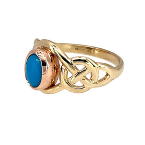 Preowned 9ct Yellow and Rose Gold & Turquoise Clogau Celtic Knot Ring in size K to L with the weight 2.60 grams. The turquoise stone is 6mm by 4mm