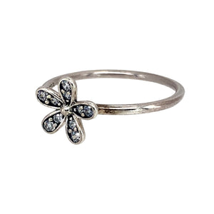 Preowned 925 Silver & Cubic Zirconia Pandora Flower Ring in size S with the weight 1.70 grams. The front of the ring is 10mm high