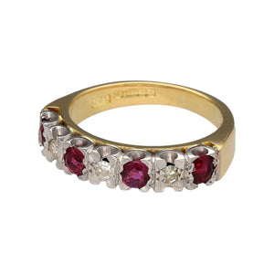 Preowned 18ct Yellow and White Gold Diamond & Ruby Set Band Ring in size M with the weight 5.70 grams. The ruby stones are each 3mm diameter