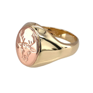 Preowned 9ct Yellow and Rose Gold Clogau Stag Signet Ring in size T with the weight 13.20 grams. The front of the ring is 18mm high