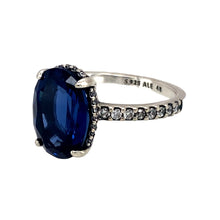 Load image into Gallery viewer, Preowned 925 Silver Blue Stone &amp; Cubic Zirconia Set Pandora Ring in size I with the weight 2.60 grams. The blue stone is 11mm by 8mm
