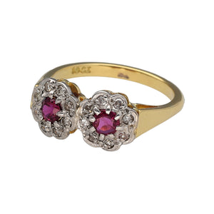 Preowned 18ct Yellow and White Gold Diamond & Ruby Set Double Flower Cluster Ring in size Q with the weight 5 grams. The ruby stones are each 4mm diameter