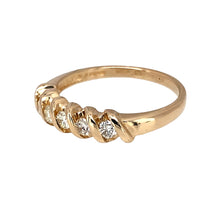 Load image into Gallery viewer, Preowned 9ct Yellow Gold &amp; Diamond Set Band Ring in size L with the weight 1.90 grams. The band is 4mm at the front and contains approximately 25pt of diamond content in total
