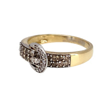 Load image into Gallery viewer, Preowned 9ct Yellow and White Gold &amp; white and chocolate coloured Diamond Set Buckle Ring in size N with the weight 2.20 grams. The front of the buckle is 8mm high
