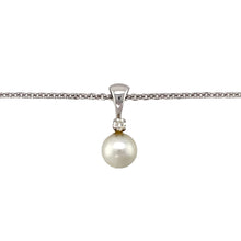 Load image into Gallery viewer, Preowned 14ct White Gold Diamond &amp; Pearl Set Pendant on a 9ct White Gold 16&quot; faceted belcher chain. The necklace has the weight 3.50 grams and the pendant is 1.7cm long. The pearl stone is 7mm diameter
