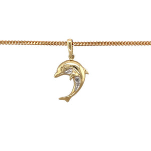 Preowned 9ct Yellow and White Gold & Diamond Set Dolphin Pendant on a 16" curb chain with the weight 3.60 grams. The pendant is 2.4cm long including the bail