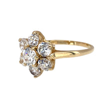 Load image into Gallery viewer, Preowned 9ct Yellow Gold &amp; Cubic Zirconia Set Flower Cluster Ring in size J with the weight 1.80 grams. The front of the ring is 12mm high
