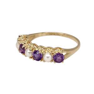 Preowned 9ct Yellow Gold Pearl & Amethyst Set Band Ring in size L with the weight 1.40 grams. The stones are each 3mm diameter