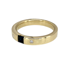 Load image into Gallery viewer, Preowned 9ct Yellow Gold Diamond &amp; Sapphire Set Band Ring in size O with the weight 4.70 grams. The sapphire stone is 4mm by 4mm
