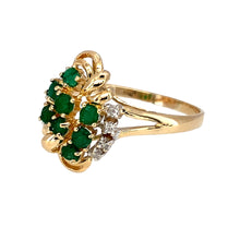 Load image into Gallery viewer, Preowned 14ct Yellow and White Gold Diamond &amp; Emerald Set Dress Ring in size Q with the weight 2.70 grams. The front of the ring is 16mm high and the emerald stones are each 2mm diameter
