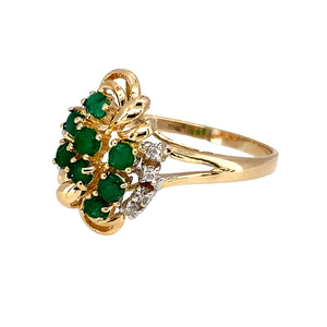 Preowned 14ct Yellow and White Gold Diamond & Emerald Set Dress Ring in size Q with the weight 2.70 grams. The front of the ring is 16mm high and the emerald stones are each 2mm diameter