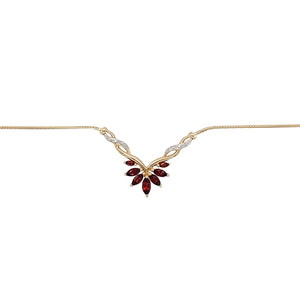 Preowned 9ct Yellow and White Gold Diamond & Garnet Set 17" Necklace with the weight 4.90 grams. The largest garnet stone is 7mm by 3mm