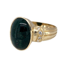 Load image into Gallery viewer, Preowned 9ct Yellow Gold Bloodstone &amp; Cubic Zirconia Cabochon Set Ring in size P with the weight 4.40 grams. The bloodstone is 14mm by 10mm
