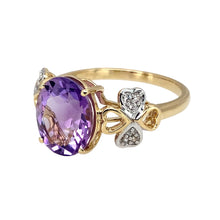 Load image into Gallery viewer, Preowned 10ct Yellow and White Gold Amethyst &amp; Cubic Zirconia Set Ring in size S with the weight 3.60 grams. The amethyst stone is 11mm by 9mm
