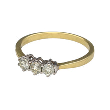 Load image into Gallery viewer, Preowned 18ct Yellow and White Gold &amp; Diamond Set Trilogy Ring in size P with the weight 2.80 grams. There is approximately 50pt of diamond content in total at approximate clarity Si2 - i1 and colour K - M

