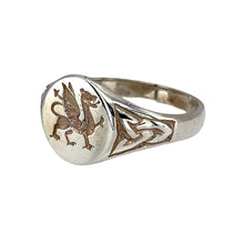 Load image into Gallery viewer, New 925 Silver Welsh Dragon Celtic Signet Ring in size M to N with the weight 2.80 grams. The front of the ring is 10mm high
