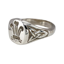 Load image into Gallery viewer, New 925 Silver Welsh Three Feather Celtic Square Signet Ring in size V with the weight 7.50 grams. The front of the ring is 13mm high
