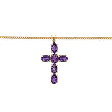 Load image into Gallery viewer, Preowned 9ct Yellow Gold &amp; Amethyst Set Cross Pendant on an 18&quot; curb chain with the weight 4.40 grams. The pendant is 3cm long including the bail and the amethyst stones are each 6mm by 4mm
