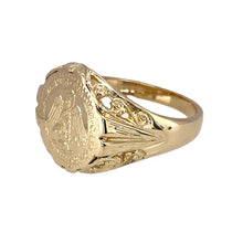 Load image into Gallery viewer, Preowned 9ct Yellow Gold Eagle Coin Style Ring with the weight 4.90 grams. The front of the ring is 15mm high
