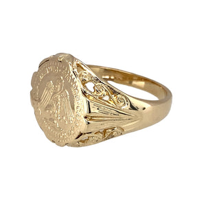 Preowned 9ct Yellow Gold Eagle Coin Style Ring with the weight 4.90 grams. The front of the ring is 15mm high
