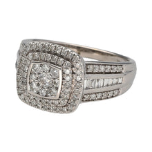 Load image into Gallery viewer, Preowned 9ct White Gold &amp; Diamond Set Halo Cluster Ring in size O with the weight 6.10 grams. The front of the ring is 13mm high and the ring contains approximately 1ct of diamond content in total
