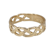 Load image into Gallery viewer, Preowned 9ct Yellow Gold Celtic Knot Band Ring in size P with the weight 2.50 grams. The band is 6mm wide
