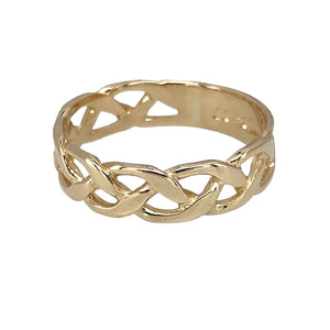 Preowned 9ct Yellow Gold Celtic Knot Band Ring in size P with the weight 2.50 grams. The band is 6mm wide