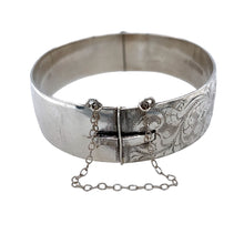 Load image into Gallery viewer, Preowned 925 Silver Engraved Patterned Bangle with the weight 47.40 grams. The bangle is 16mm wide and has the diameter 6.2cm
