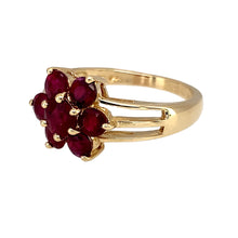 Load image into Gallery viewer, Preowned 14ct Yellow Gold &amp; Red Stone Set Flower Cluster in size M with the weight 3.30 grams. The center stone is 4mm diameter and the surrounding stones are each 3mm diameter
