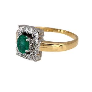 Preowned 18ct Yellow and White Gold Diamond & Emerald Set Halo Ring in size J with the weight 3 grams. The emerald stone is 5mm by 4mm