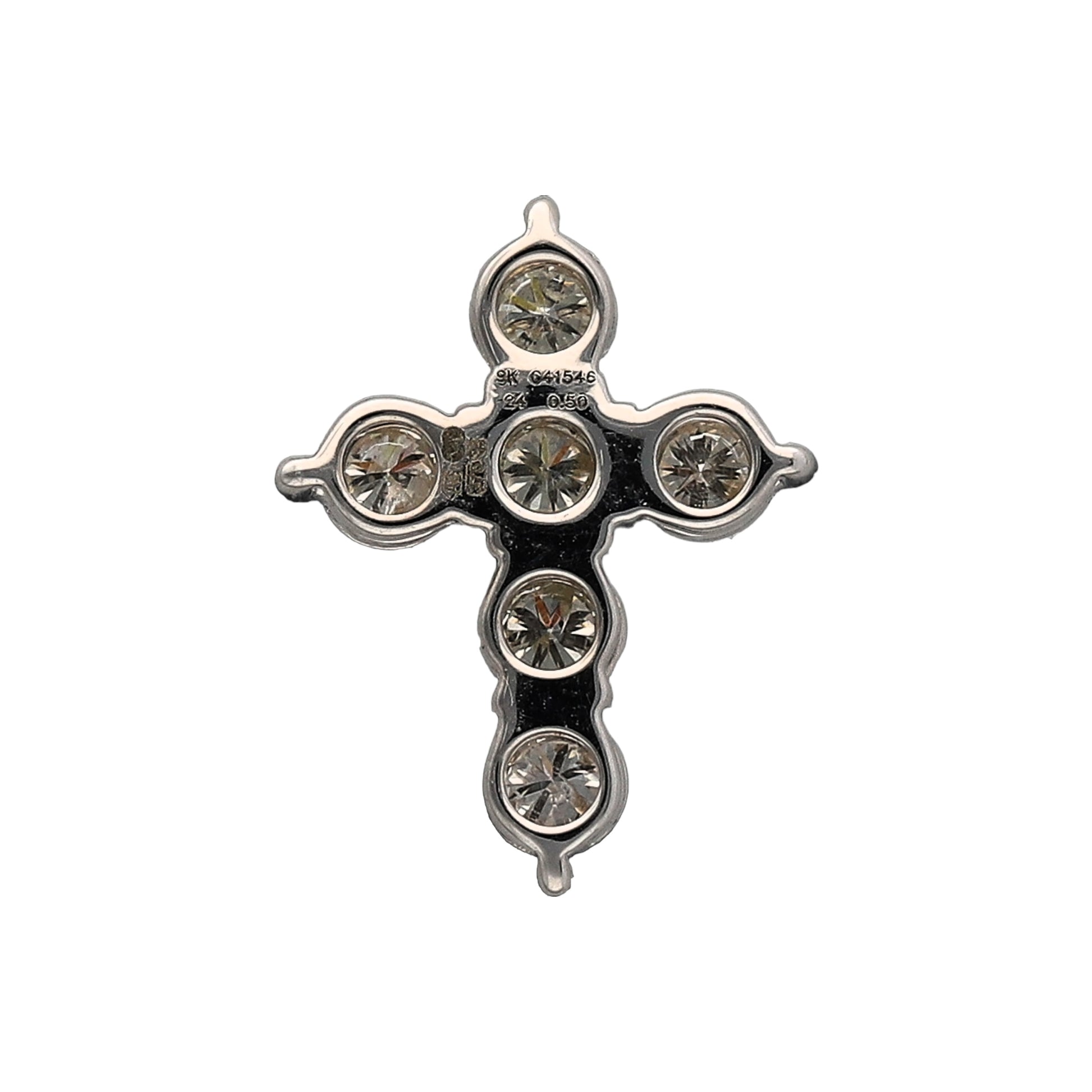 New 9ct White Gold & Diamond Set Cross Pendant with the weight 1.40 grams. There is approximately 0.50ct of diamond content in total with approximate clarity Si and colour K - M. The pendant is 1.7cm long