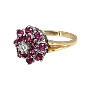 Preowned 9ct Yellow and White Gold Diamond & Ruby Set Cluster Ring in size M with the weight 3.40 grams. The front of the ring is 13mm high