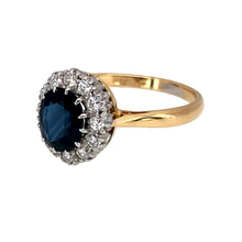 Load image into Gallery viewer, Preowned 18ct Yellow and White Gold Diamond &amp; Sapphire Set Cluster Ring in size L with the weight 2.60 grams. The sapphire stone is 7mm by 5mm
