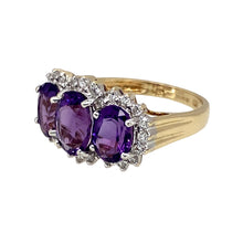 Load image into Gallery viewer, Preowned 9ct Yellow and White Gold Diamond &amp; Amethyst Set Trilogy Cluster Ring in size J with the weight 3.10 grams. The center amethyst stone is 8mm by 6mm and the side amethyst stones are each 7mm by 5mm
