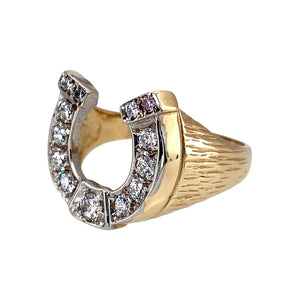 Preowned 9ct Yellow and White Gold & Cubic Zirconia Set Horseshoe Ring in size R with the weight 6 grams. The front of the ring is 16mm high