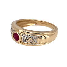 Load image into Gallery viewer, Preowned 9ct Yellow and White Gold Diamond &amp; Ruby Set Wide Band Ring in size N with the weight 3.50 grams. The ruby stone is approximately 3.5mm diameter
