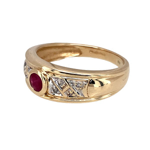 Preowned 9ct Yellow and White Gold Diamond & Ruby Set Wide Band Ring in size N with the weight 3.50 grams. The ruby stone is approximately 3.5mm diameter