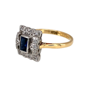 Preowned 18ct Yellow and White Gold Diamond & Sapphire Set Antique Style Ring in size K to L with the weight 2.70 grams. The sapphire stone is 5mm by 3mm